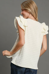 Umgee Full Size Textured Jacquard V-Neck Ruffle Cap Sleeve Blouse Plus Size OutfitFlow